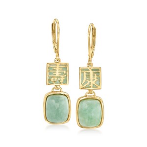 Ross-Simons Jade "Longevity" Drop Earrings in 18kt Gold Over Sterling - 1 of 3