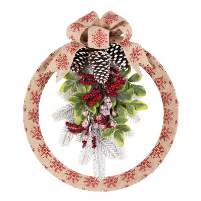 Haute Décor 18in Snowflake Homespun Wreath: Winter Door Bow, Pinecones, Faux Foliage, Indoor/Outdoor Use