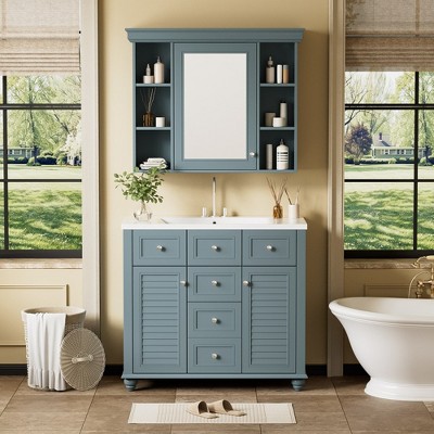 36" Bathroom Cabinet Set With Resin Sink, Modern Solid Wood Frame ...