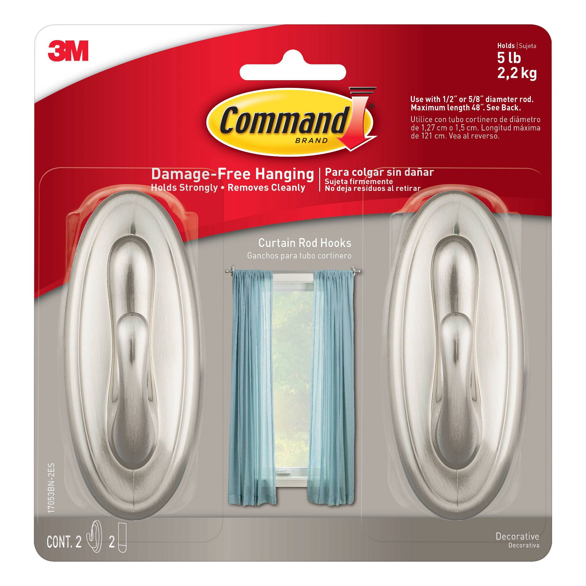 2pk Command Curtain Rod Hooks Brushed Nickel: No Drill Curtain Rod Brackets, Silver, 5lb Capacity, Plastic, 2ct