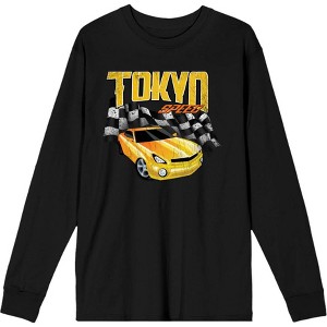 Car Fanatic - Tokyo Speed Racing Flag and Yellow Car Adult Crew Neck Long Sleeve Tee - 1 of 2