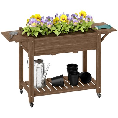 Outsunny Raised Garden Bed, Wood Elevated Planter Box with Lockable Wheels, Side Tables, Bottom Shelf, Bed Liner and Drainage Holes