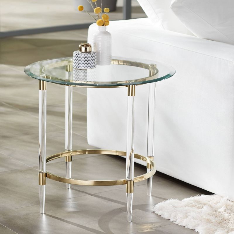 55 Downing Street Modern Minimalist Glass Round Accent Side End Table 24 3/4" Wide Clear Gold Rings for Living Room Bedroom Bedside Entryway House, 2 of 10