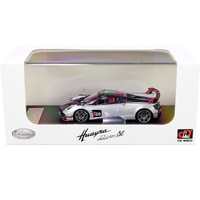 Pagani Huayra Roadster BC Silver Metallic and Carbon with Red and White Stripes 1/64 Diecast Model Car by LCD Models