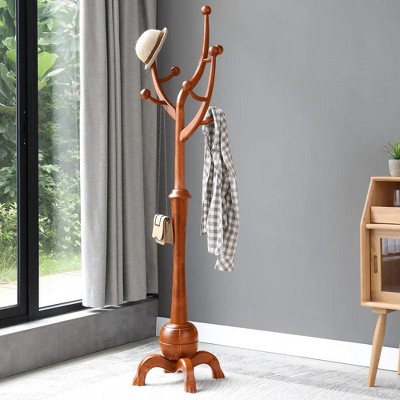 Bekrvio Coat Rack Freestanding Wood Tree Rack with 8 Hooks, Teak