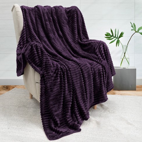 PAVILIA Super Soft Fleece Flannel Ribbed Striped Throw Blanket Luxury Fuzzy Plush Warm Cozy for Sofa Couch Bed Purple Throw 50x60