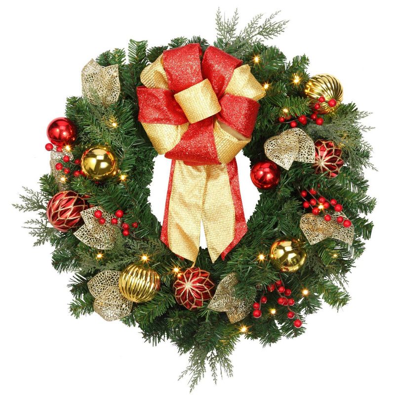 24&#34; Battery Operated Pre-Lit LED Madison Artificial Wreath White Lights - Haute D&#233;cor, 1 of 4