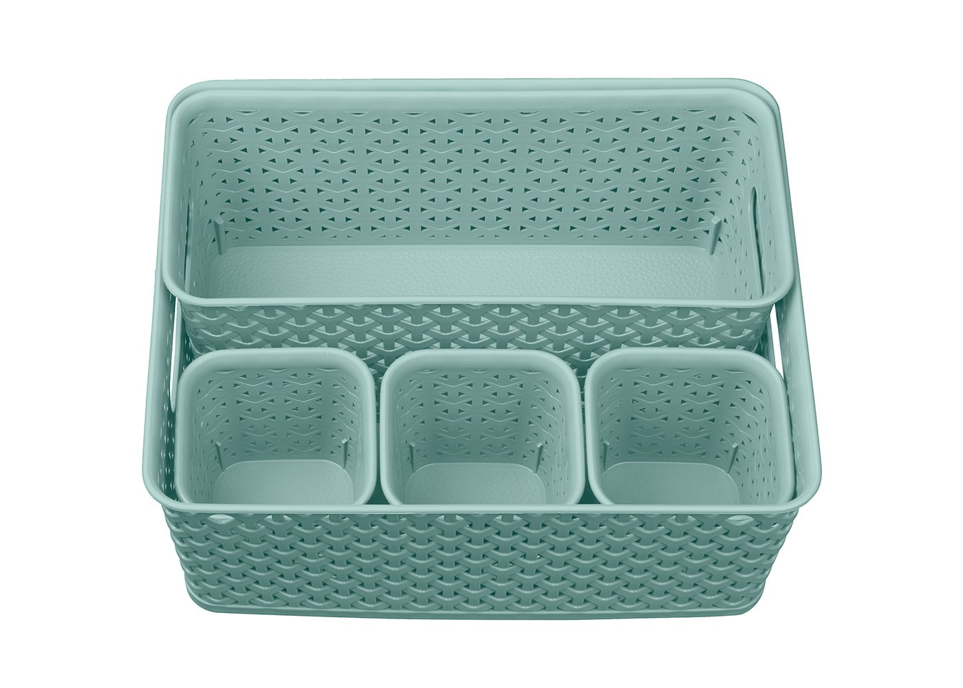Five small light green plastic organizers of varying sizes. 
