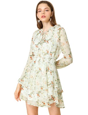 Allegra K Women's Floral Smocked Waist Tie Neck Layered Chiffon Mini Dress