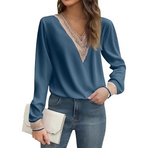 Coolmee Women's Casual Long Sleeve Shirts Lace V Neck Color Block Dressy Tops Trendy Hollow Floral Blouses T Shirts - 1 of 3