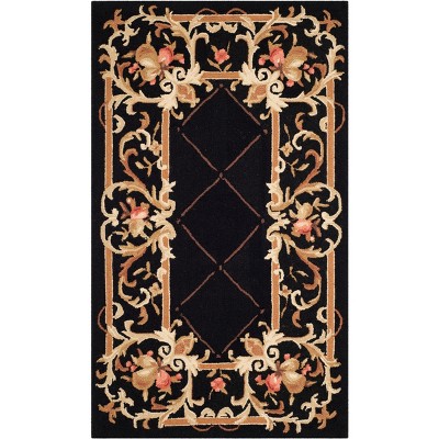 Handmade Black Floral Wool Hooked Runner Rug