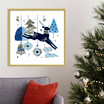Festive Blue Reindeer Christmas Canvas Print with Gold Frame