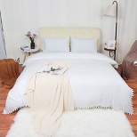 3 Pcs Washed Polyester with Pompoms Tassels Bedding Sets Queen White - PiccoCasa