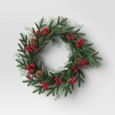 Pine and Red Berry Wreath Green - Threshold&#8482;