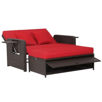 Red Adjustable Rattan Loveseat with Multifunctional Ottoman