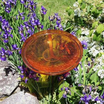 Mandarin Crackle Glass Birdbath with Bronze Stake, 14 Inch