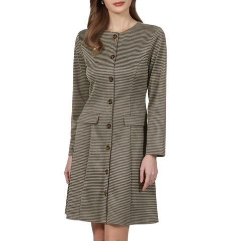 Женские платья INSPIRE CHIC Women's Houndstooth Plaid Long Sleeve Vintage Trendy Button Down A-Line Dresses Medium Brown