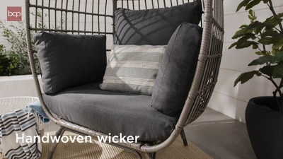 Beige Wicker Egg Chair with Navy Cushions