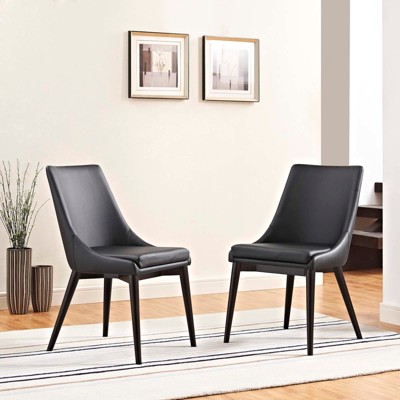 Black Upholstered Leather Side Chair with Wood Legs