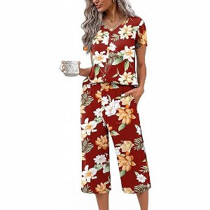 Ekouaer Women's Pajama Sets Short Sleeve Sleepwear Button Up Pj Loungewear Top and Capri Pants with Pockets - 1 of 4