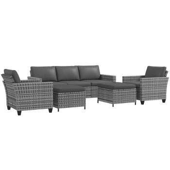 Outsunny 5 Piece Patio Furniture Set with Cushions, Outdoor Conversation Set with Rattan Three-Seater Sofa, Chairs & Footstools