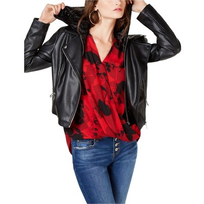 I.N.C International Concepts Womens Velvet Hoodie Faux-Leather Jacket, Black, Large