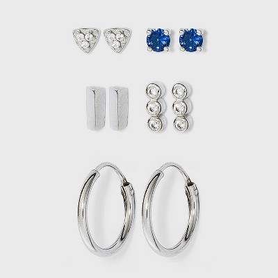 Sterling Silver Glass and Cubic Zirconia Bar Quint Stud Earring Set 5pc - A New Day™ Silver