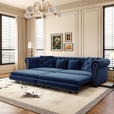 3-in-1 Sleeper Sofa Bed with Pull-Out Design,89" Blue Velvet Convertible Sofa Bed with Movable Ottoman, King Size Sofa Bed for Living Room-Koiai