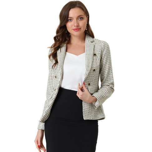 Unique Bargains Women's Plaid Tweed Blazer Long Sleeve Open Front Work  Jacket S White 