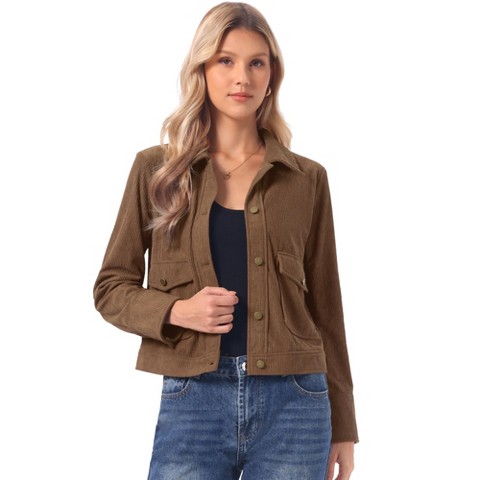 Женские куртки INSPIRE CHIC Women's Long Sleeve Point Collar Button Down Casual Corduroy Jacket with Flap Pockets Small Dark Brown