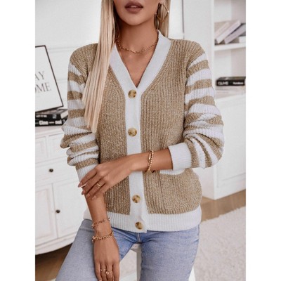 Womens Striped Cardigan Sweaters Long Sleeve V Neck Lightweight Open Front Button Down Knit Cardigans
