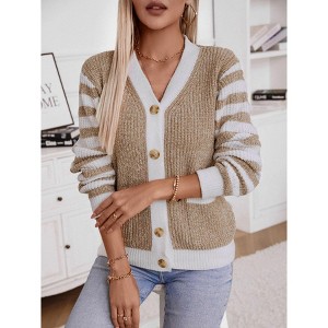 Womens Striped Cardigan Sweaters Long Sleeve V Neck Lightweight Open Front Button Down Knit Cardigans - 1 of 4