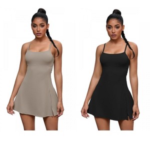 INSPIRE CHIC 2 Pcs Women's Spaghetti Strap with Built-in Bra and Shorts Workout Side Slit Square Neck Full Slips - 1 of 4