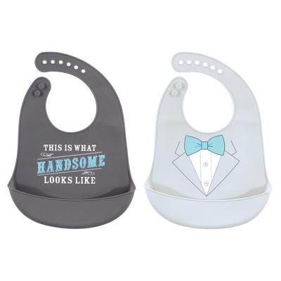 Little Treasure Baby Boy Silicone Bibs 2pk, Gray Mint Handsome, One Size
