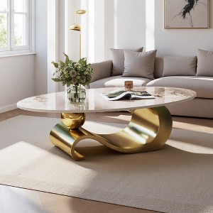 49.2" Faux Marble Oval Coffee Table with Gold Sculptural Base - 1 of 4