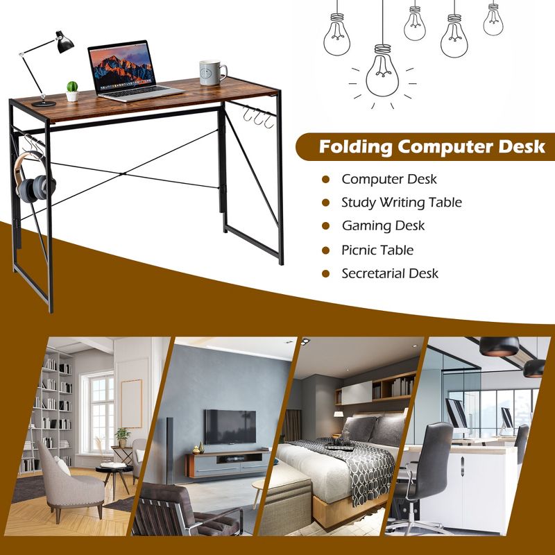 Costway Folding Computer Desk Writing Study Table w/6 Hooks Home Office Black\Rustic Brow\Brown\ Natural, 4 of 12