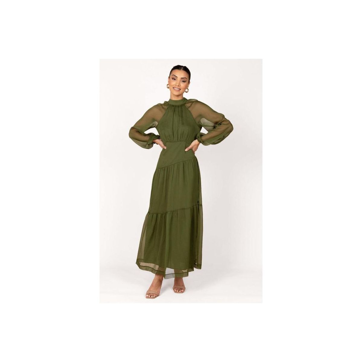 Petal and Pup Womens Julip Sheer Long Sleeve Maxi Dress - Olive L