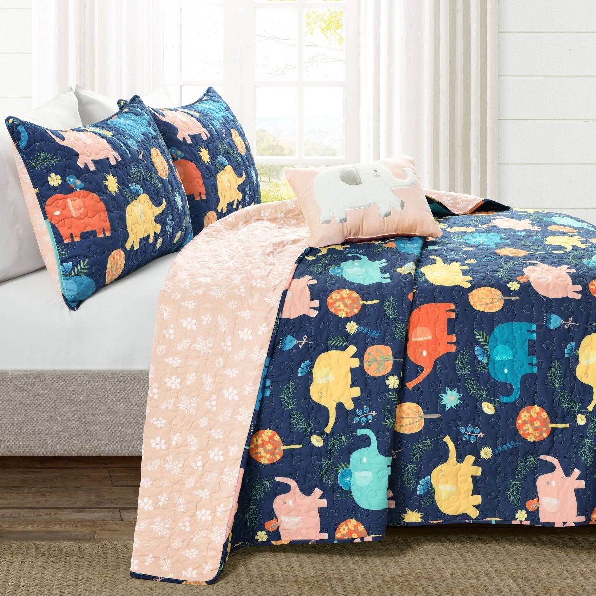 Kids' Hygge Elephant Quilt Set Navy Blue - Lush Décor - thumbnail 2