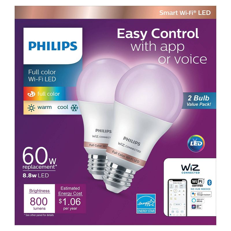 Philips 2pk 8.8W Smart LED Wi-Fi and Bluetooth A19 Color, 1 of 12