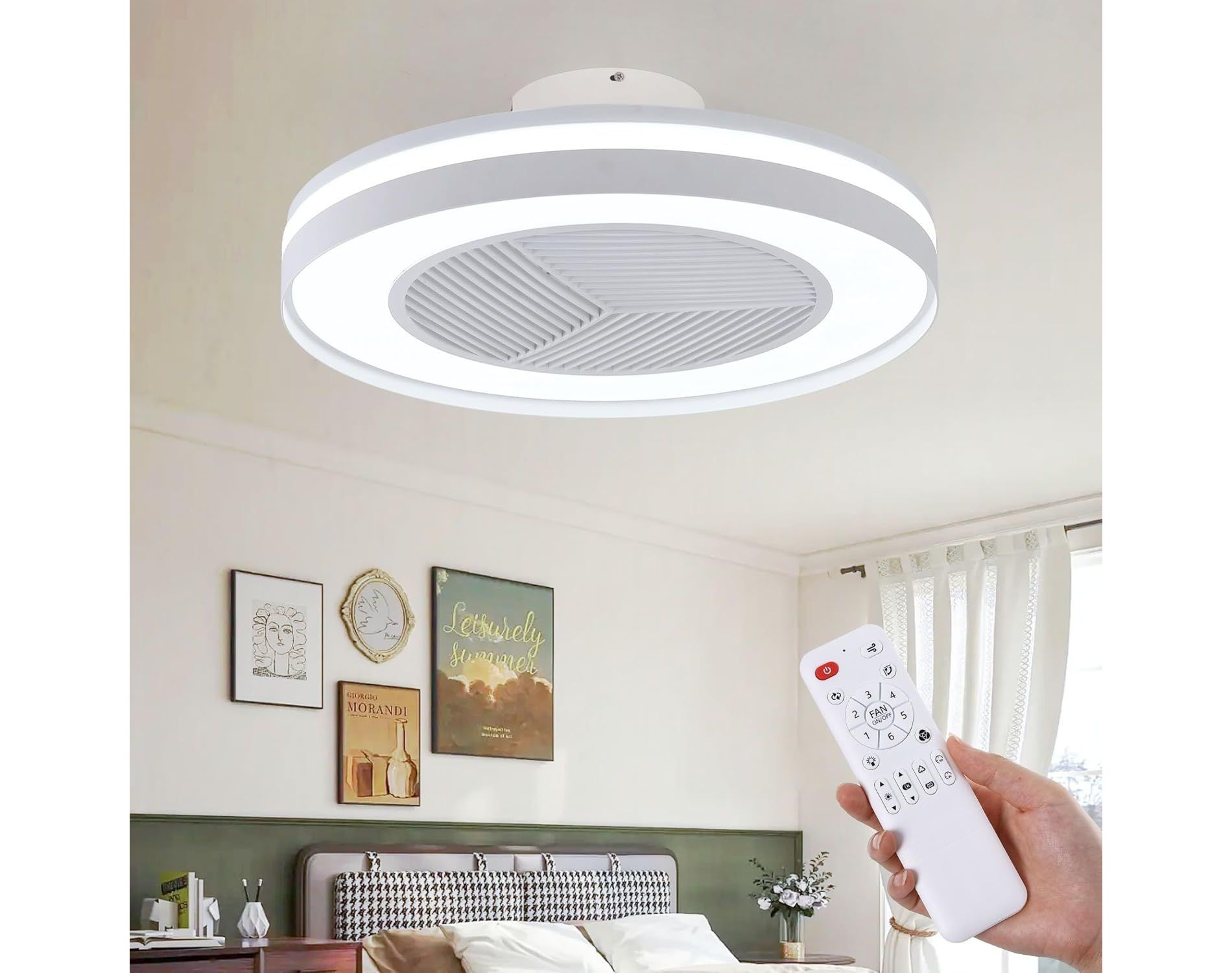 HUMHOLD Smart Low Profle Ceiling Fans with 3-Dimmable Light Remote/APP Control, 20" Bladeless Ceiling Fans with 6 Speeds, Timer, Quiet DC Motor White