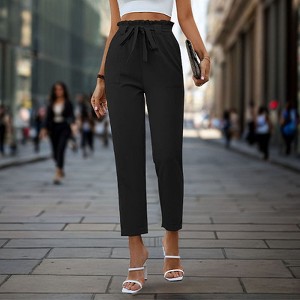 Womens Pants Tie Waist Elastic Band Office Trousers Tapered Pants with Pockets - 1 of 2