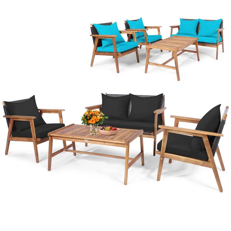 Costway 4PCS Patio Rattan Furniture Set Wooden Cushioned Sofa with Black & Turquoise Cover, 2 of 11