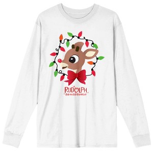 Rudolph the Red-Nosed Reindeer with Christmas Lights and Movie Title Logo Men's White Crew Neck Long Sleeve Graphic Tee - 1 of 3