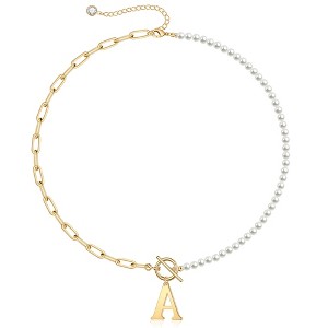 Turandoss 18K Gold Initial Pearl Necklace for Women Girls, Paperclip Link Chain Necklace, Letter Choker Necklaces, Gold Jewelry for Women, 14+2Inches - 1 of 4
