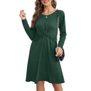 Coolmee Women's Long Sleeve Midi Dress Fall Crewneck Twist Front Casual A-Line Swing Dress - 1 of 4