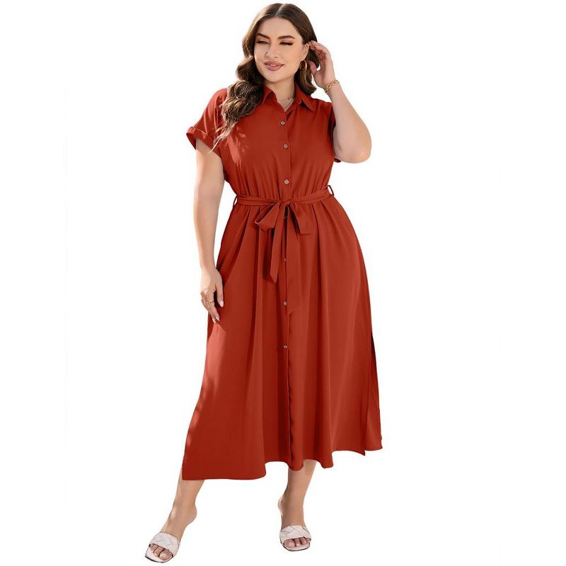 Plus Size Maxi Dresses for Women Summer Tie Belt Work Polo Dress Business Casual Button Down Dress, 1 of 7