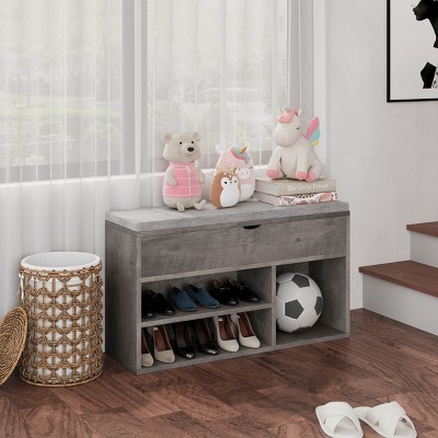 Acekool Shoe Storage Bench with Lift-Up Hidden Compartment, 3-Cube Open Rack & Cushion, Entryway and Hallway Seating Organizer