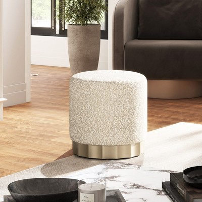 Hampton 18" Round Beige Chenille Upholstered Ottoman with Scalloped Base