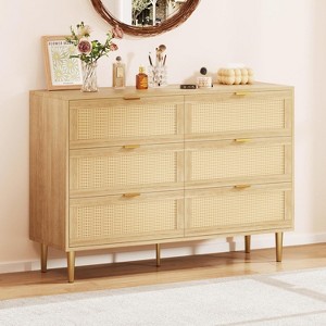 Rattan 6 Drawers Dresser for Bedroom, Modern Chest of Drawers with Gold Legs and Gold Handles, Wide Double Dresser with Anti-tipping Design - 1 of 4