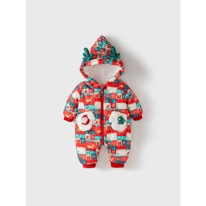 MyKids-Usa Winter Baby Christmas Red Plaid Patchwork Cartoon Thick Romper With Hood - 1 of 4